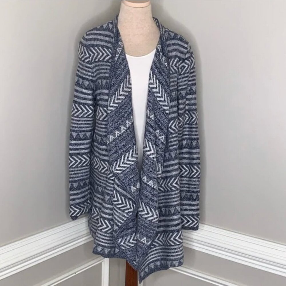 Lucky Brand Blue and White Southwest Aztec Print Flyaway Cardigan Size Large